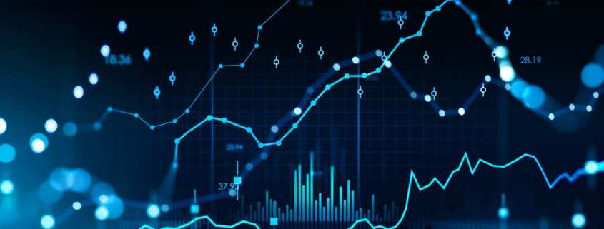 Stock market changes, forex hologram with numbers and bar chart with candlesticks. Concept of economy and online trading. 3D rendering